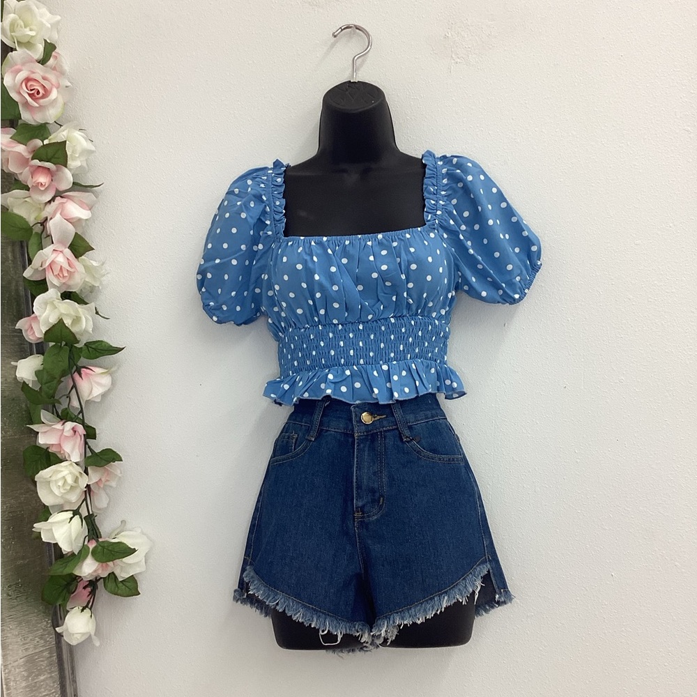 Millie blue white polka dot gathered ruffle short sleeve blouse